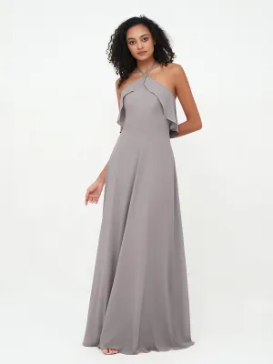 Halter Strap Chiffon Long Bridesmaid Dresses Silver Plus Size