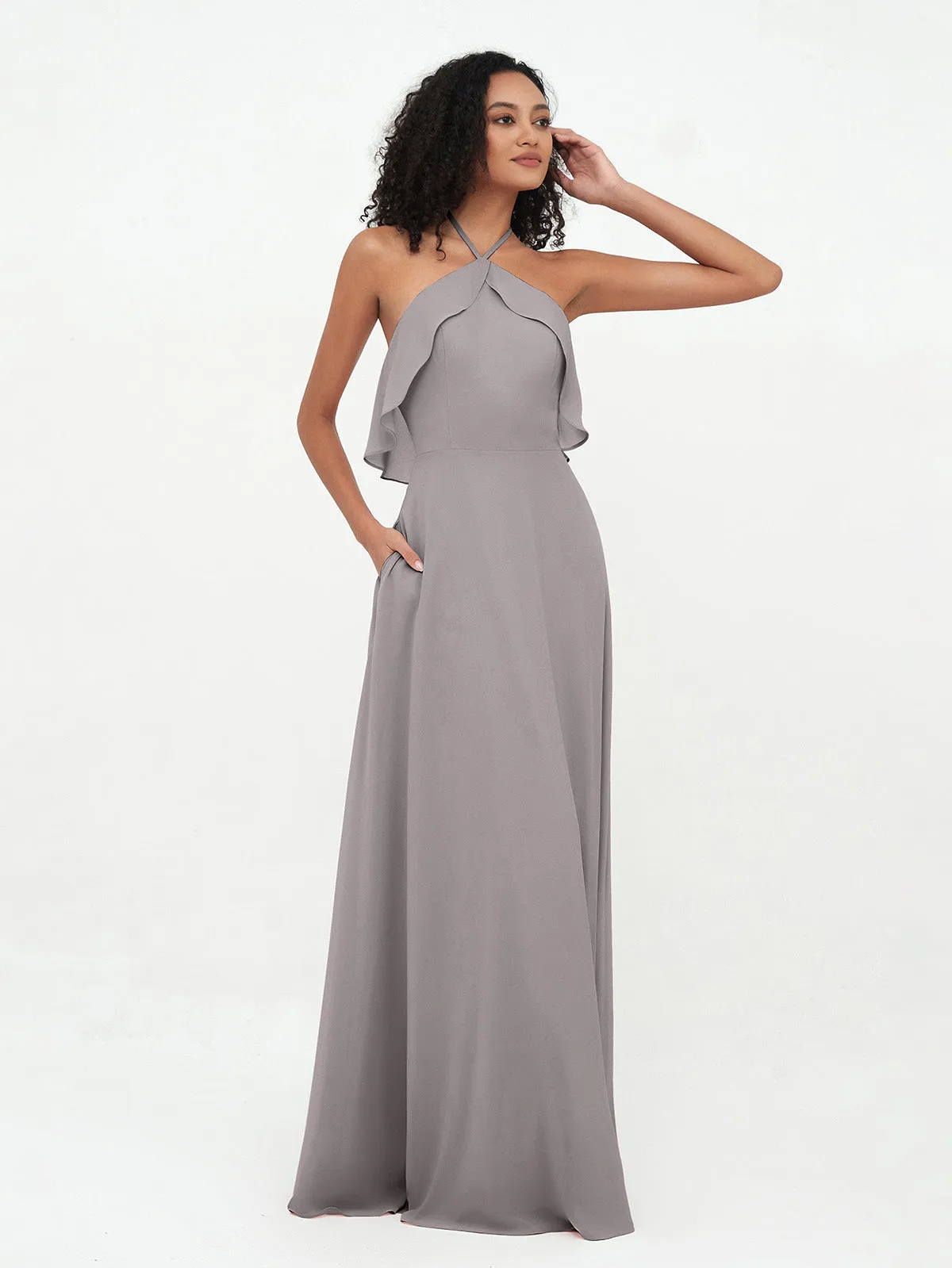 Halter Strap Chiffon Long Bridesmaid Dresses Silver Plus Size