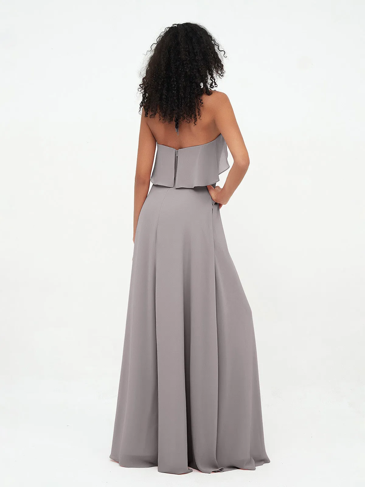 Halter Strap Chiffon Long Bridesmaid Dresses Silver Plus Size