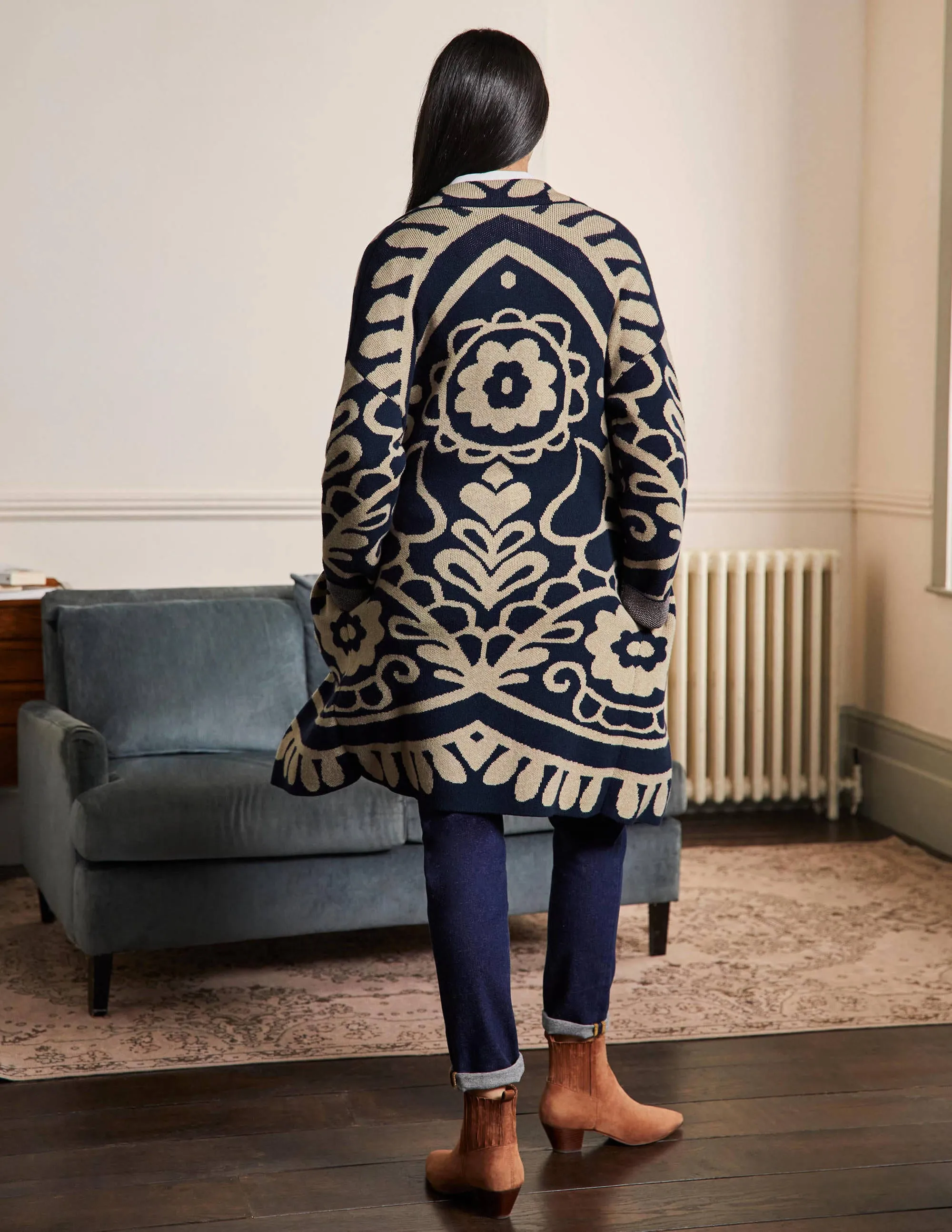 Longline Knitted Coatigan-Navy, Chinchilla Melange