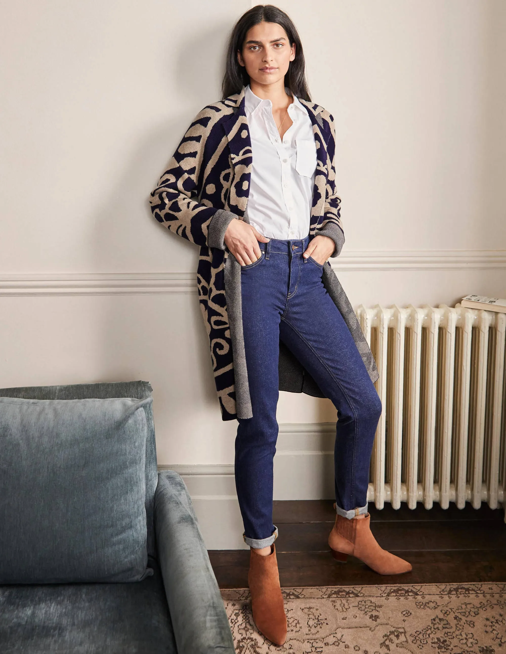 Longline Knitted Coatigan-Navy, Chinchilla Melange