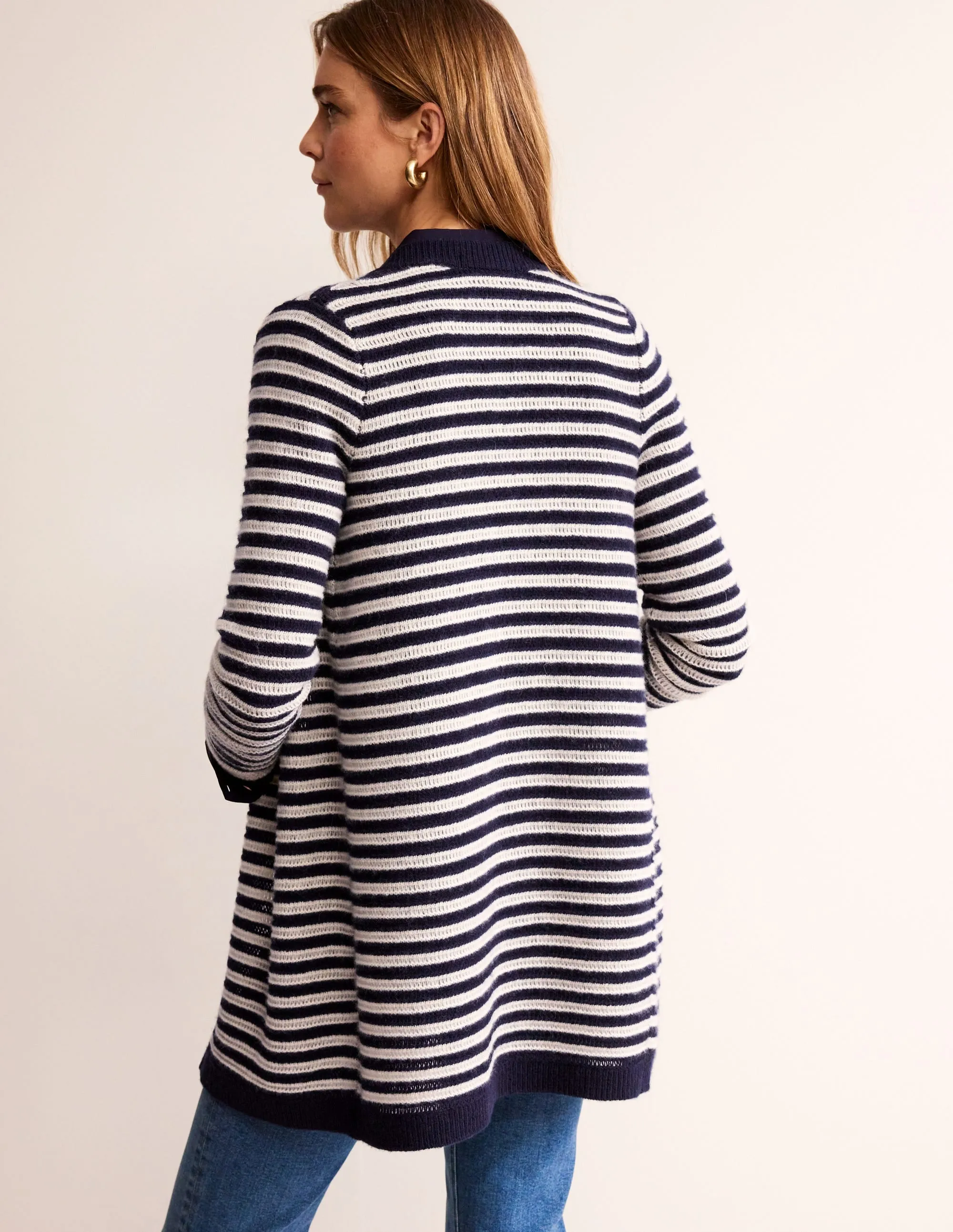 Longline Merino Cardigan-Navy, Warm Ivory Stripe