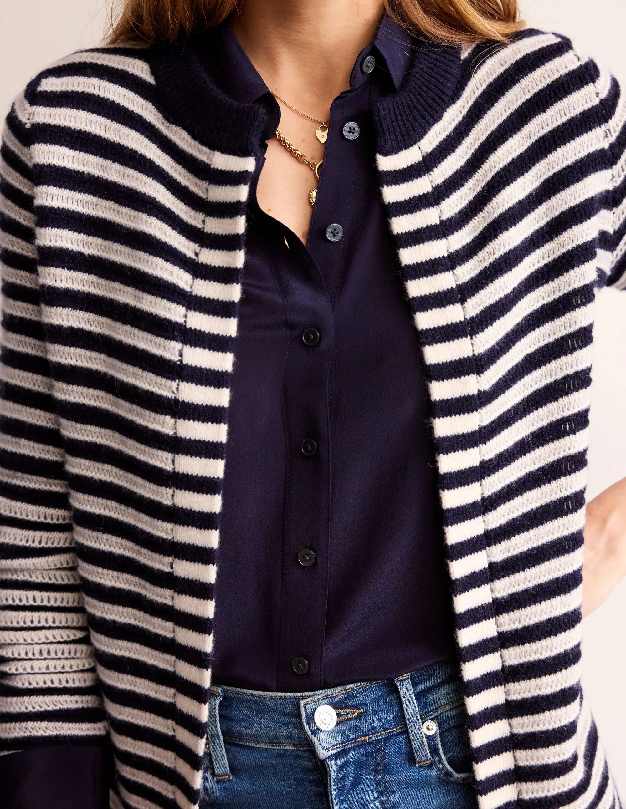 Longline Merino Cardigan-Navy, Warm Ivory Stripe