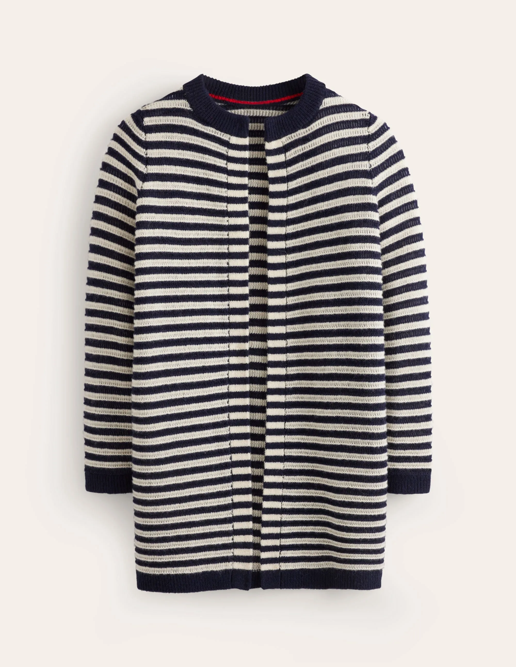 Longline Merino Cardigan-Navy, Warm Ivory Stripe