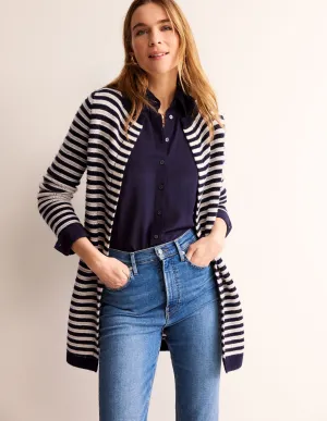 Longline Merino Cardigan-Navy, Warm Ivory Stripe