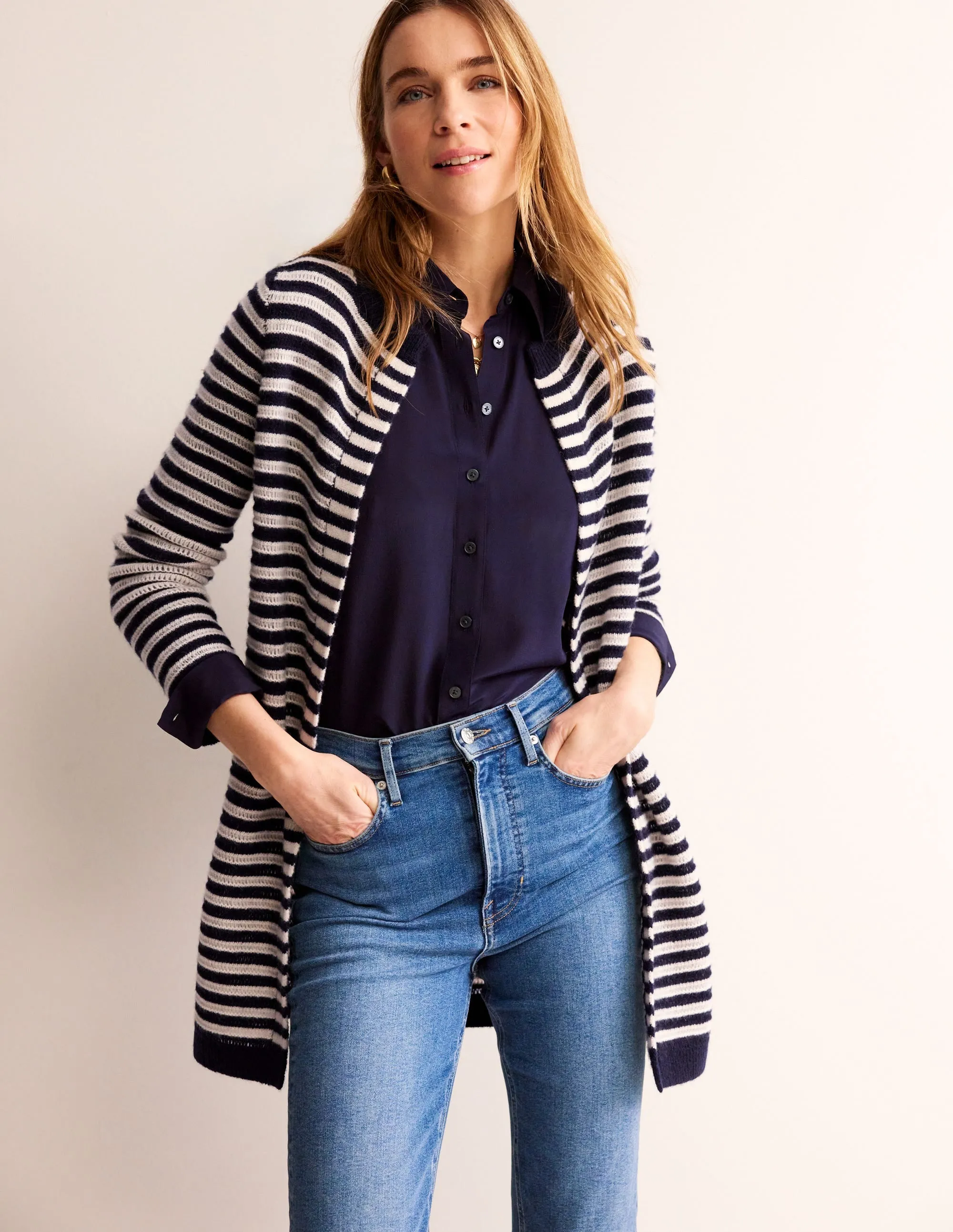 Longline Merino Cardigan-Navy, Warm Ivory Stripe
