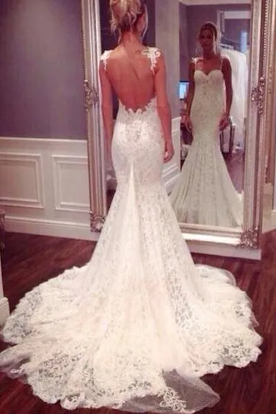 Mermaid Spaghetti Strap Sweep Train Lace Elegant Wedding Dresses HX00168