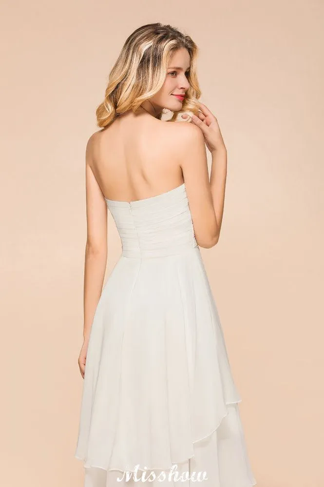 Romantic White/Ivory Sweetheart Hi-Lo Bridesmaid Dress Sleeveless Beach Wedding Guest Dress