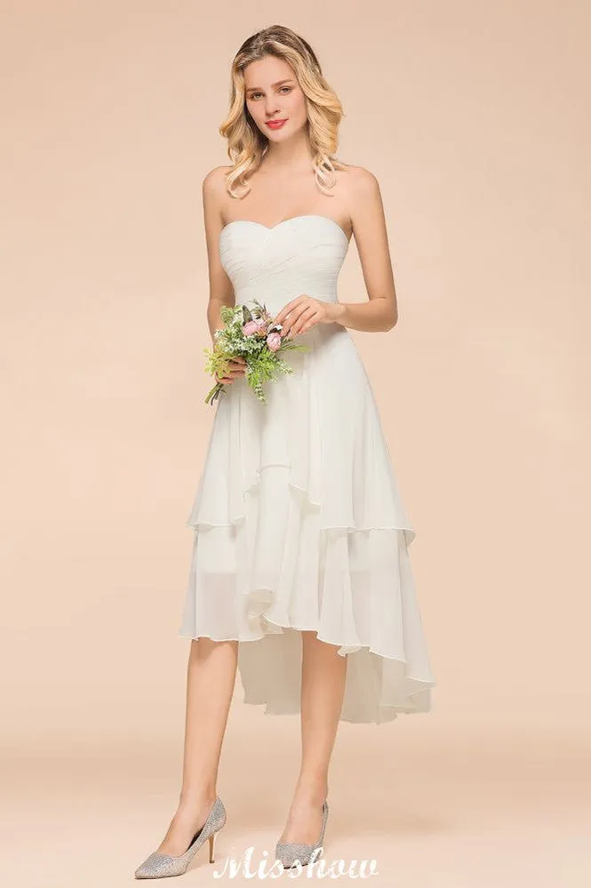 Romantic White/Ivory Sweetheart Hi-Lo Bridesmaid Dress Sleeveless Beach Wedding Guest Dress