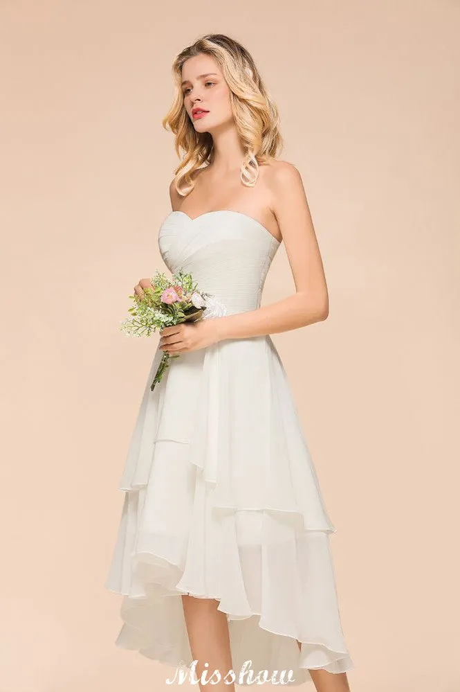 Romantic White/Ivory Sweetheart Hi-Lo Bridesmaid Dress Sleeveless Beach Wedding Guest Dress