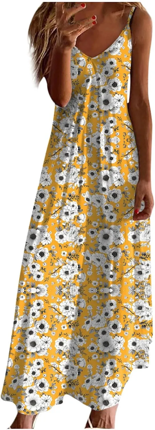 Sleeveless Floral Print Maxi Dress for Women Casual Summer Tank Dresses Beach Vacation Flowy Bohemian Trendy Sundress