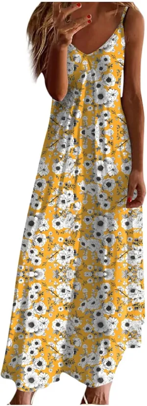 Sleeveless Floral Print Maxi Dress for Women Casual Summer Tank Dresses Beach Vacation Flowy Bohemian Trendy Sundress