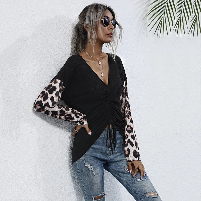Splicing Leopard Print Knit V-Neck T-Shirt Wholesale Women Clothing