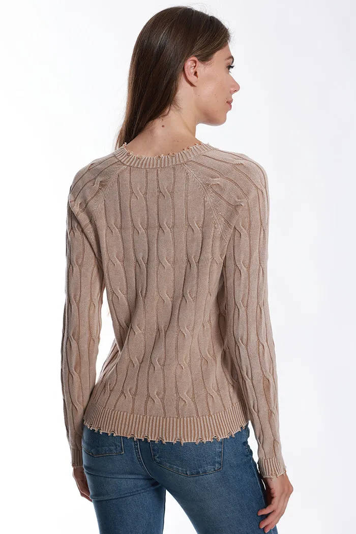 Stone Wash Distressed Cable V-Neck