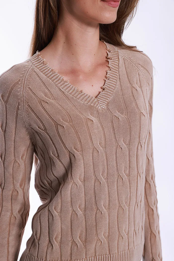 Stone Wash Distressed Cable V-Neck