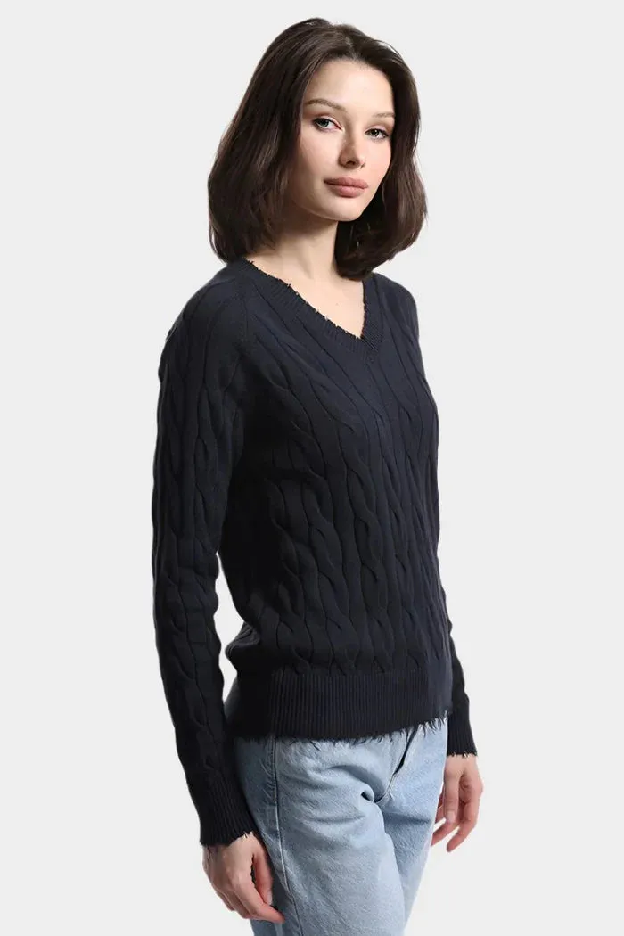 Stone Wash Distressed Cable V-Neck