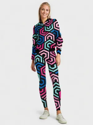Trendy Geometric Print Bomber Jacket With Leggings Co Ord Set
