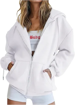 Women Full Zip Sweatshirt Solid Hooded Sweatshirts Y2K Hoodies Long Sleeve Fall Teen Girl Jacket Preppy Overcoat Fleece